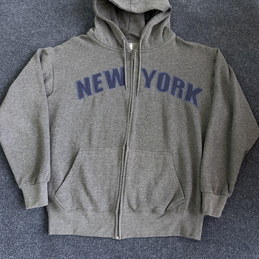 Y2K New York Hoodie Mens XL Gray Fleece Full Zip WALI City Graphic Sweatshirt